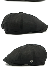 Detail showing the woven texture and metal button on two black newsboy caps