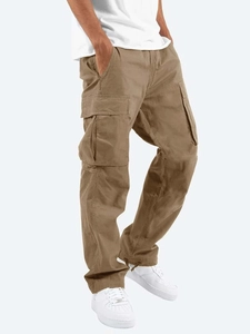 Detail view of khaki cargo pants with functional side pockets and adjustable drawstring hem