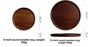 Detailed top and side views of two round dark walnut wood serving trays in 8 and 10 inches