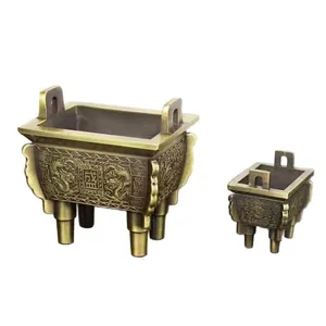 Juego de dos vasijas Ding de bronce antiguo con relieve de dragón y signo Sheng