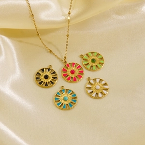 Colorful sunflower necklace with natural stone insets and 14K gold-plated stainless steel chain