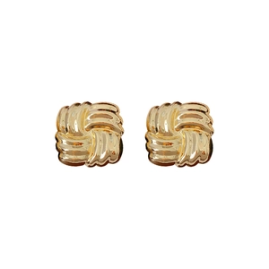 Minimalist golden square stud earrings with woven metal texture and chic geometric design