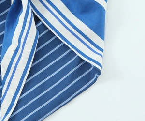 Macro shot of striped linen fabric detail showing blue and white weave texture