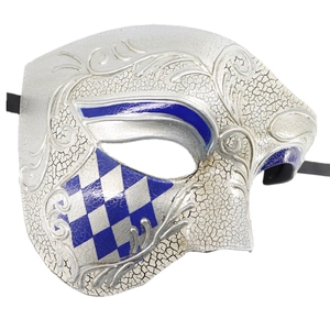 Detailed macro view of Venetian half face phantom mask with silver and blue cracked texture