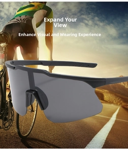 Detail of black cycling sunglasses with oversized lens and anti-slip textured temples