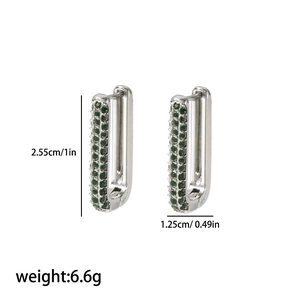 Detailed view of U-shaped silver earrings with green zircon pave and size measurements