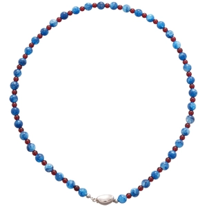 Blue and red beaded necklace with silver clasp in a minimalist oriental design