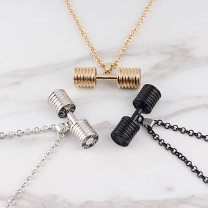 Dumbbell pendant necklaces in gold, silver, and black with GO FIT engraving for fitness lovers