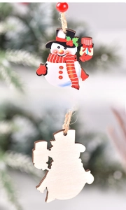 Front and back view of wooden snowman Christmas pendant with jute string and red bead