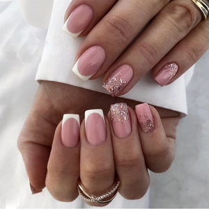 Unghie Finte in Acrilico con Punta Francese Bianca con Glitter Lustrini Rosa Quadrato Ovale Lucido per Donna Decorazione Unghie