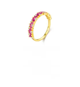 Close-up of S925 silver gold-plated ring with pink marquise stones and small diamonds