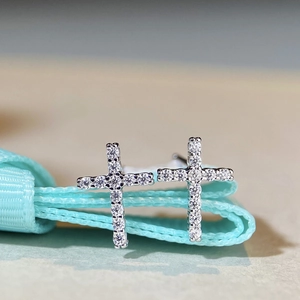 Cross moissanite stud earrings in 925 sterling silver with micro-paved white stones