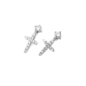 Baroque S925 silver cross drop earrings with sparkling cubic zirconia in high polish
