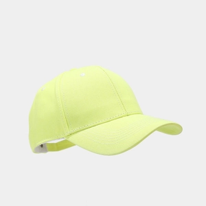Detail of neon green baseball cap showing stitching, fabric texture and ventilation eyelets