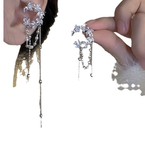 Silver crescent moon ear cuff with zircon flower clusters and long pearl tassels