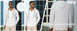 Detail of white linen hoodie shirt featuring drawstring hood and half-button collar design