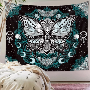 Gothic butterfly wall tapestry with skull motifs and mandala patterns for room decor