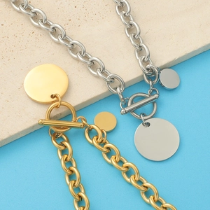 Toggle Clasp Necklace 18K Gold Plated Stainless Steel Round Disc Pendant Thick Link Chain Hip Hop Punk Minimalist Jewelry