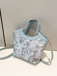 French style light blue and grey floral jacquard bucket bag with embroidery
