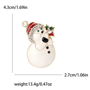 Festive rhinestone snowman brooch with enamel finish and gold metal base for holiday gifts