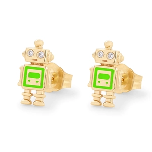 Detail of gold robot stud earrings with green enamel and sparkling crystal eyes
