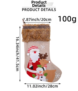Detail of plush Christmas stockings with faux fur trim and festive character embroidery