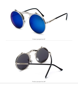Steampunk round metal flip-up sunglasses detail with blue mirrored lenses and silver frame