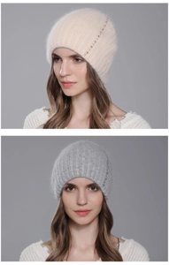 Detail of soft knit beanie with fuzzy texture and vertical pearl embellishments on the side