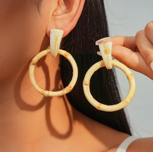 Bohemian geometric round resin and bamboo hoop earrings for women in vintage style
