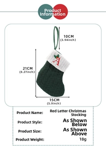 Detail showing knit Christmas stocking with letter A embroidery and size specifications