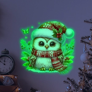 Sticker mural hibou de Noël phosphorescent avec effet de fluorescence verte dans le noir