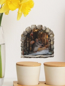 Sticker mural 3D souris de Noël montrant une souris dans une grotte avec lumière chaude