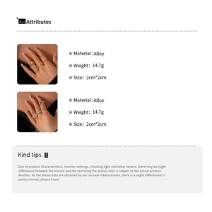 Detail of 5-piece geometric alloy ring set with 14.7g weight and 2cm by 2cm dimensions