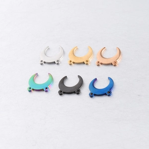 Polished stainless steel double-loop crescent moon pendants in six metallic colors