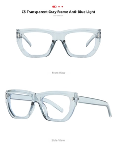 Detailed front and side views of vintage square blue light blocking glasses in transparent grey