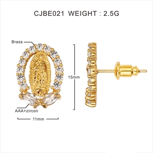 Detail of 18K gold plated Virgin Mary stud earrings with AAA+ cubic zirconia inlays