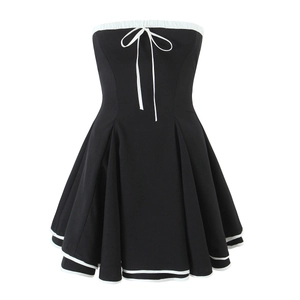 Contrast Color Tube Top Mini Dress With Bow Ruffle Hem Retro Sweet Black White Polyester Party Dress For Women