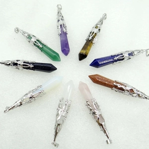 Crystal Hexagonal Column Pendant Necklace Healing Stone Bullet Point With Hollow Alloy Flower Cap Retro Style Women Men