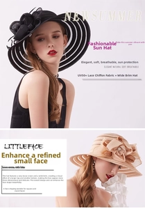 Close-up of elegant wide brim sun hat with lace flowers and UV50+ breathable fabric