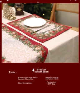 Detailed view of Christmas cotton linen table runner with festive wreath and pine cone print