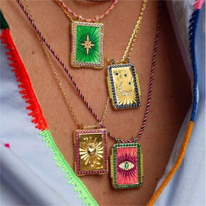 Collier Pendentif Carte De Tarot Cuivre Plaqué Or Émail Soleil Lune Mauvais Œil Cœur Bijoux Bohème Vintage Pour Femmes