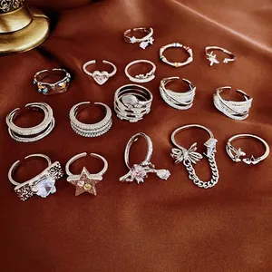 Adjustable Open Rings Zircon Heart Square Cross Geometric For Women Elegant Minimalist Jewelry Alloy Accessories Fashion Style