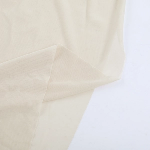 Close-up of beige sheer mesh fabric showing intricate texture and delicate weaving details