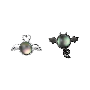 925 silver angel and demon stud earrings with iridescent gemstones on white background