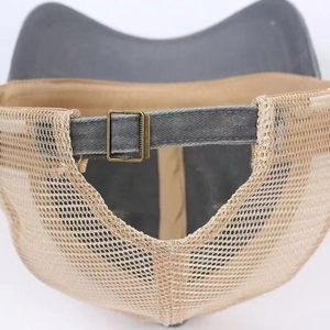 Rear view of mesh baseball cap in grey and light brown with adjustable metal buckle