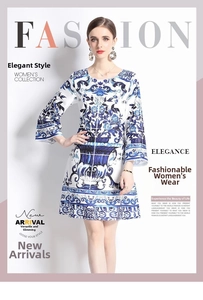 Detail of blue and white porcelain print dress with bell sleeves and elegant round neck