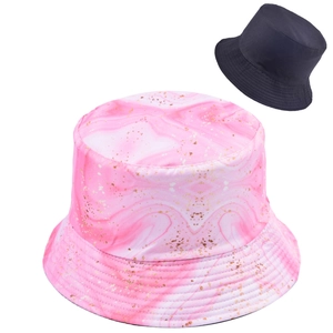 Detail of pink marble print sun hat with gold foil accents and black reversible lining
