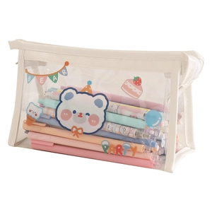 Clear triangle pencil case with cartoon bear pattern and large storage capacity