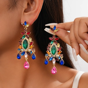Vintage Bohemian Colorful Crystal Rhinestone Flower Waterdrop Statement Earrings With 925 Sterling Silver Earring Post