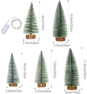 Detailed size guide for mini cedar Christmas trees with LED lights and wood bases